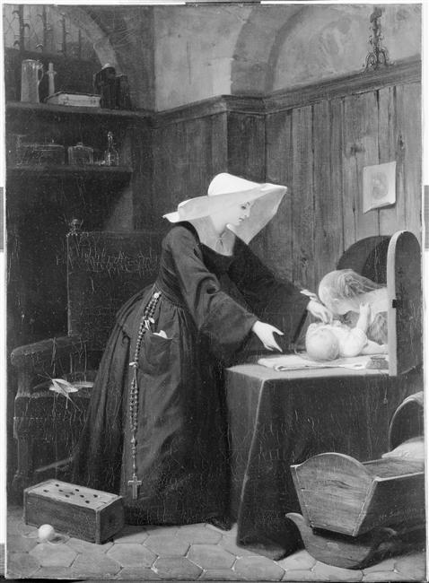 Peinture représentant une religieuse recueillant un enfant abandonné