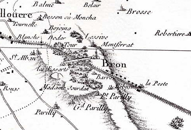 Bois de Bron sur carte Cassini (vers 1750)