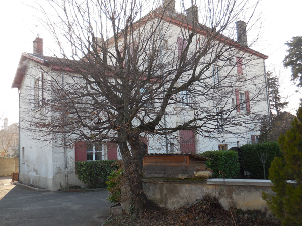 La Maison Forte de Bron, un bâtiment ancien en deux parties, un grand donjon cubique avec un toit pyramidal sur la droite et une dépendance plus petite cubique accolé à sa gauche, avec un toit à double pente. Des cheminées percent les toits et un petit muret se tient devant, avec un arbre sans feuilles.