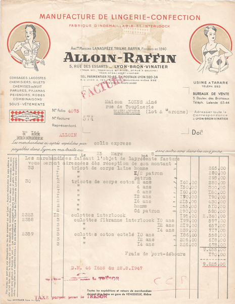 Facture de l’usine Alloin-Raffin en 1947