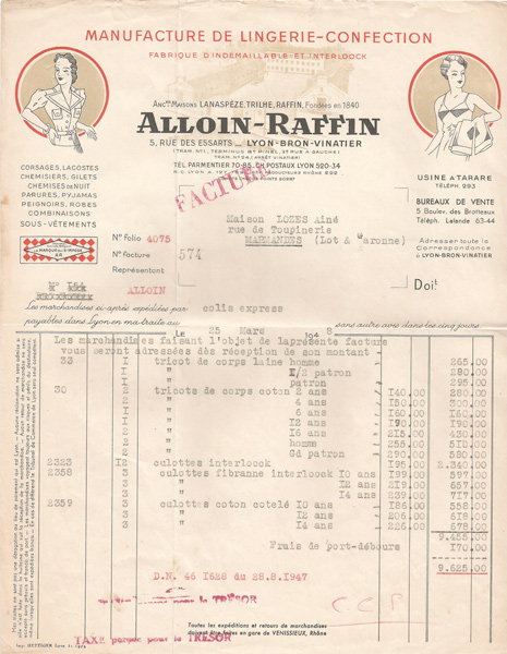 Facture de l’usine Alloin-Raffin en 1947