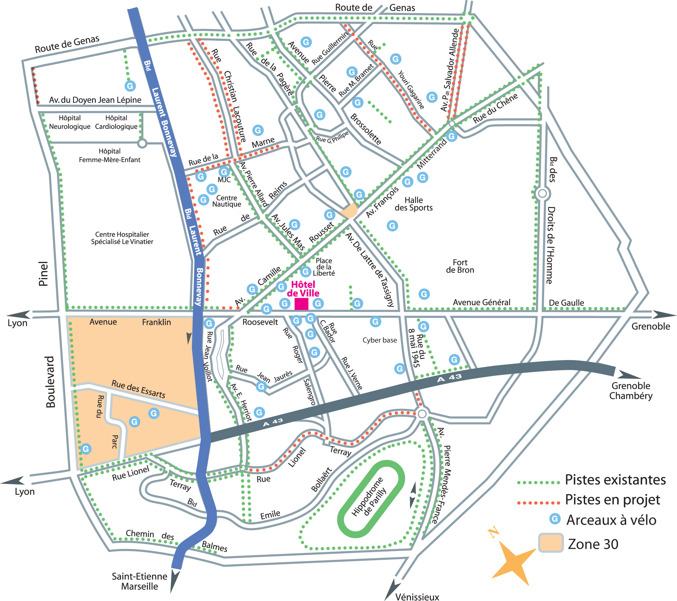 Carte des pistes cyclables et arceaux à vélos | Ville de Bron