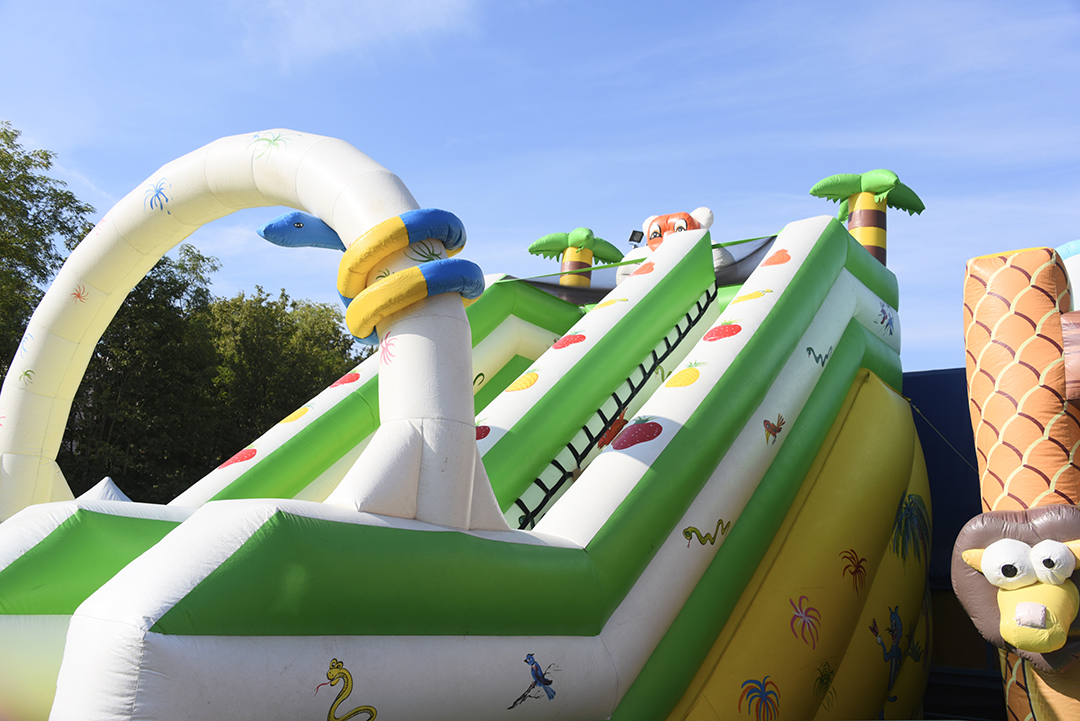 Pendant la Fête de animaux 2024, un toboggan génat gonflable, bert et blanc, décoré sur le thème de la jungle avec des animaux gonflables tels que lion et serpent.