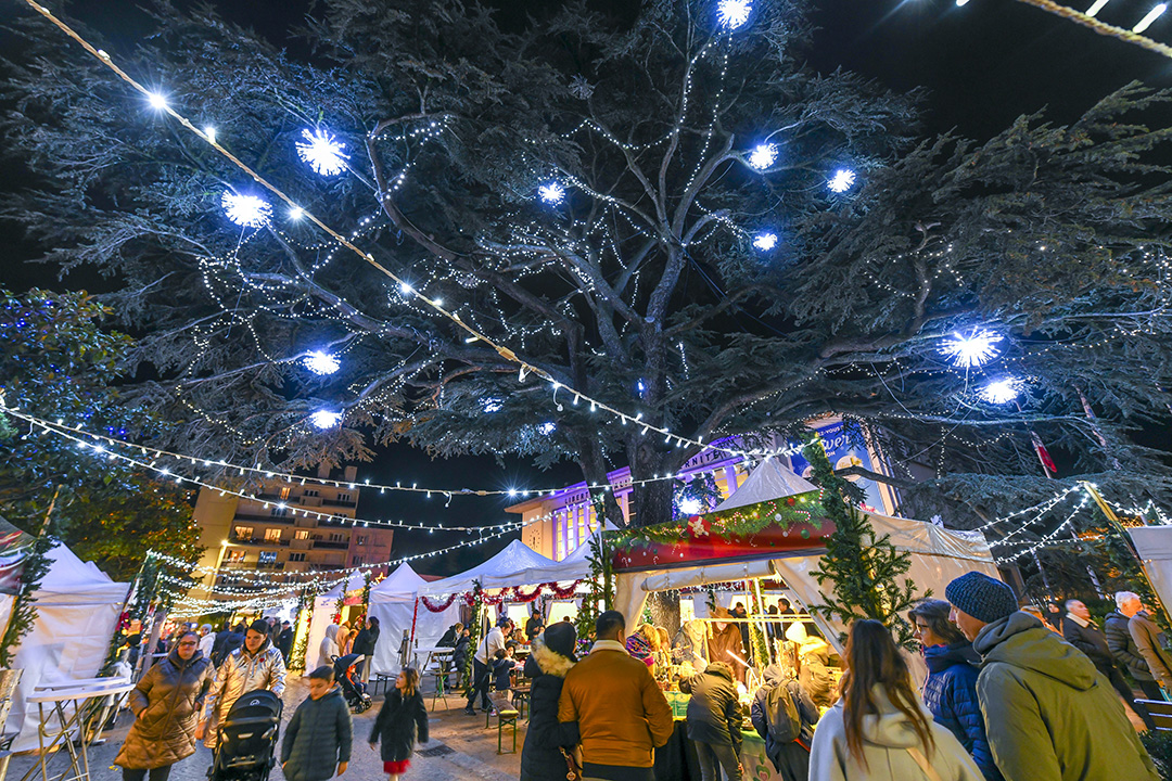 La foule se presse en nocturne auprès des étals des marchands pendant le marché de Noël de bron 2024, sous les arbres et les décorations