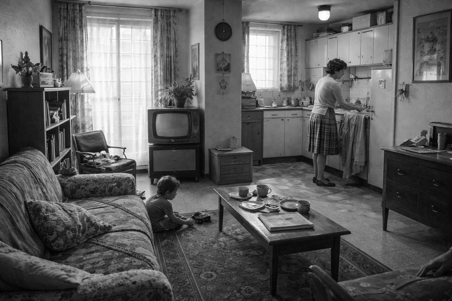 Image d'illustration pour l'article Nos Belles années à Terraillon, généré par IA et représentant une photographie d'un intérieur d'appartement des années 1960 en noir et blanc, avec une mère de famille travaillant en cuisine tandis que son jeune fils joue par terre dansle salon.