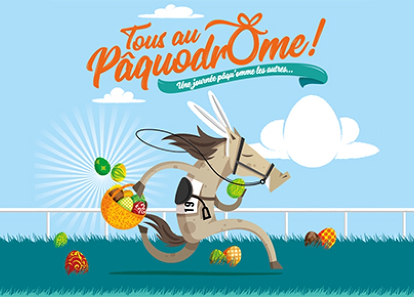 Illustration d'un cheval courant avec un panier à la main et ramassant des oeufs de Pâques sur la piste de course de l'hippodrome.