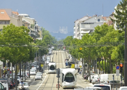 Vue sur la profondeur de l'avenue Franklin-Roosevelt au soleil, d'est en ouest. Deux tramways sont sur le point de se croiser, avec des voitures circulants sur les deux voies de véhicules bordant les voies de Tram, des arbres d'alignement apportent un peu de verdure sur les bordures, les immeubles dépassant à droite et à gauche, tandis que l'on aperçoit la colline et la basilique de Fourvière dan sle fond.