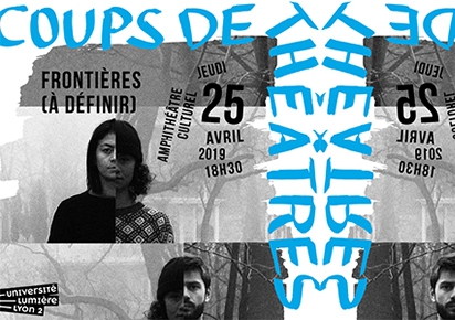 affiche du spectacle Coups de théâtre, Frontières (à définir), photos de trois personnages coupés au milieu du visage et assemblés entre eux.