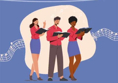 Illustration montrant deux femmes et un homme chantant debout, avec des partitions dans les mains, sur un fond bleu, une portée musicale traversant la scène derrière eux. Une large tache blanc crème derrière les personnages simule un éclairage de la scène.