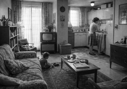 Image d'illustration pour l'article Nos Belles années à Terraillon, généré par IA et représentant une photographie d'un intérieur d'appartement des années 1960 en noir et blanc, avec une mère de famille travaillant en cuisine tandis que son jeune fils joue par terre dansle salon.
